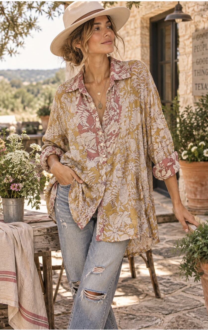 Magnolia Pearl Tora Top Floral Cotton Tunic Blouse One Size Boho Lagenlook